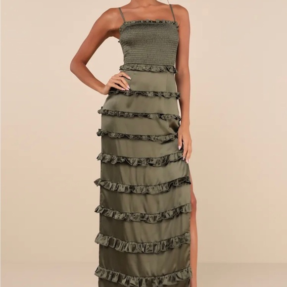 NWT Olive Green Satin Dress with Smocked top & ruffles - Picture 4 of 4